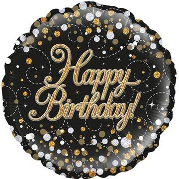 Oaktree 18inch Sparkling Fizz Birthday Black & Gold Holographic - Foil Balloons